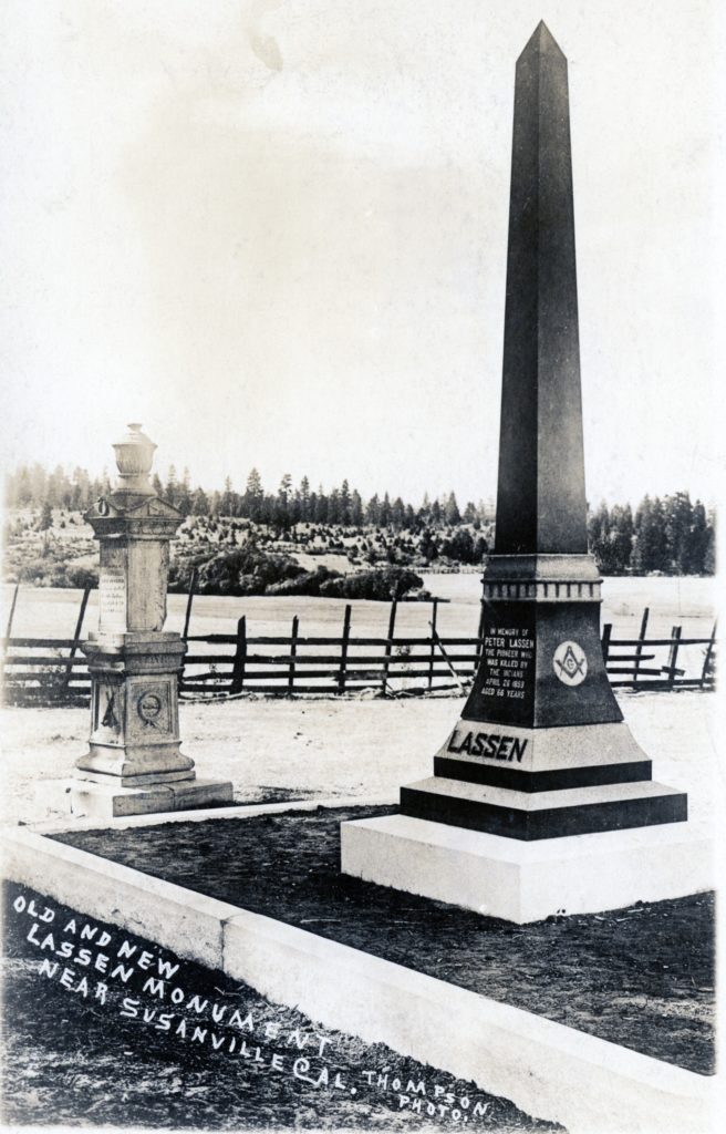 The two Lassen Monuments, circa 1920.