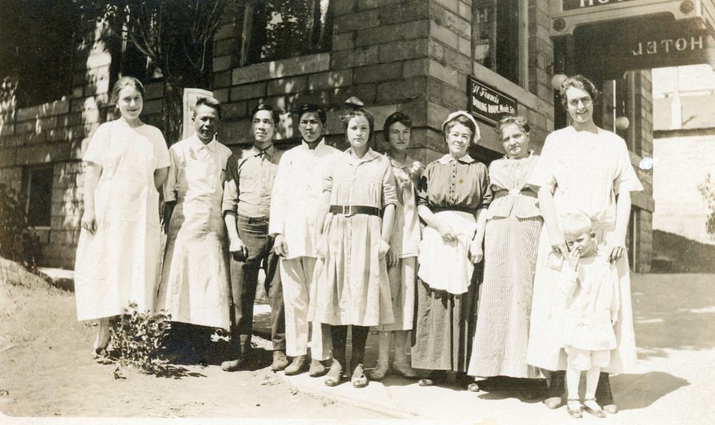 The staff of the St. Francis Hotel, 1915. When it first opened its door for business in 1914 and for many years, they hired Chinese to manage the restaurant, though they advertised the menu as American cuisine. Courtesy of Leona F. Byars
